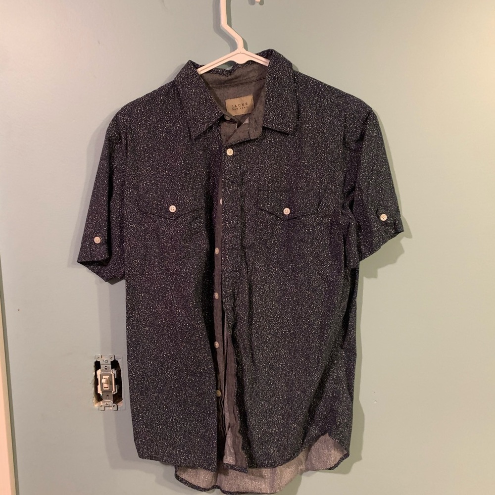 Blue and White Polka Dots Short Sleeve Button Up